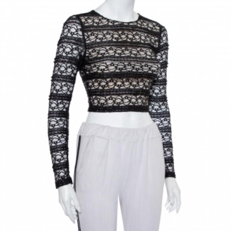 Women's Alice + Olivia Black Lace Long Sleeve Rilo Crop Top XS For Sale