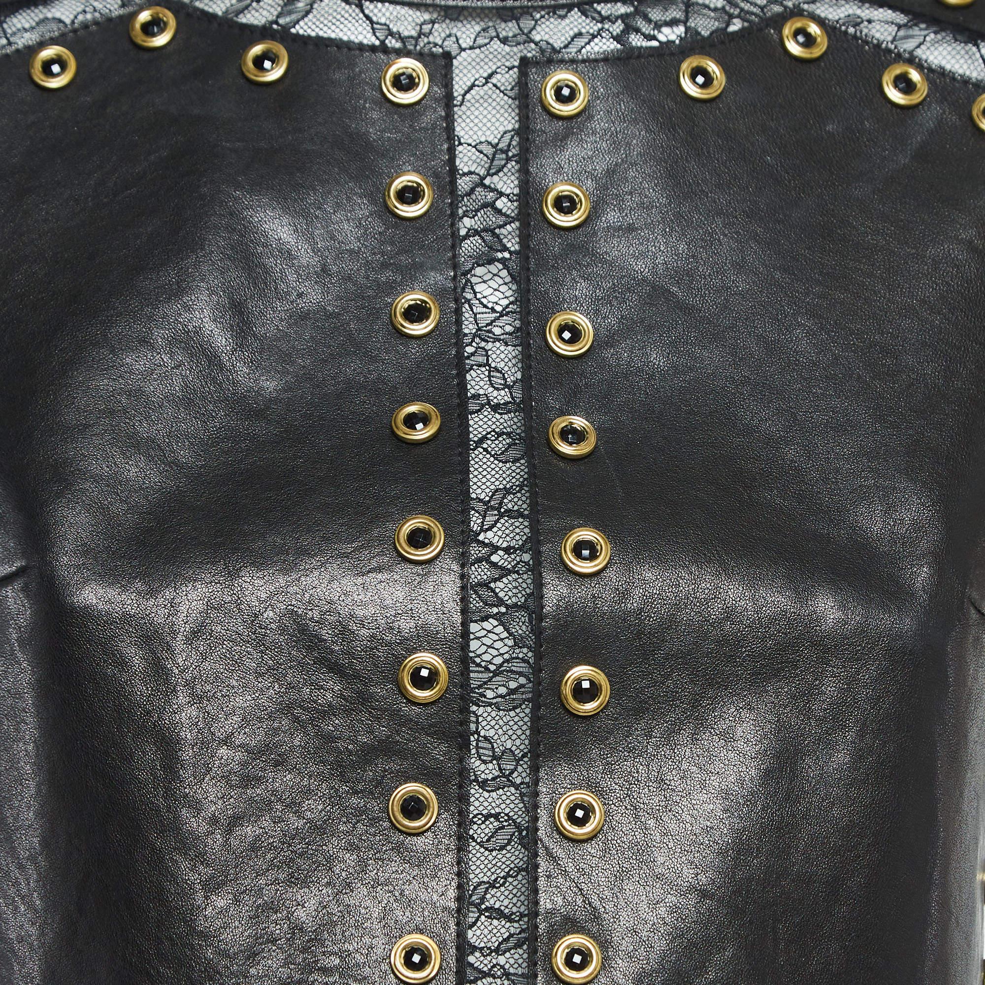 Alice + Olivia Black Lace Trim Leather Studded Crop Top XS In Good Condition In Dubai, Al Qouz 2