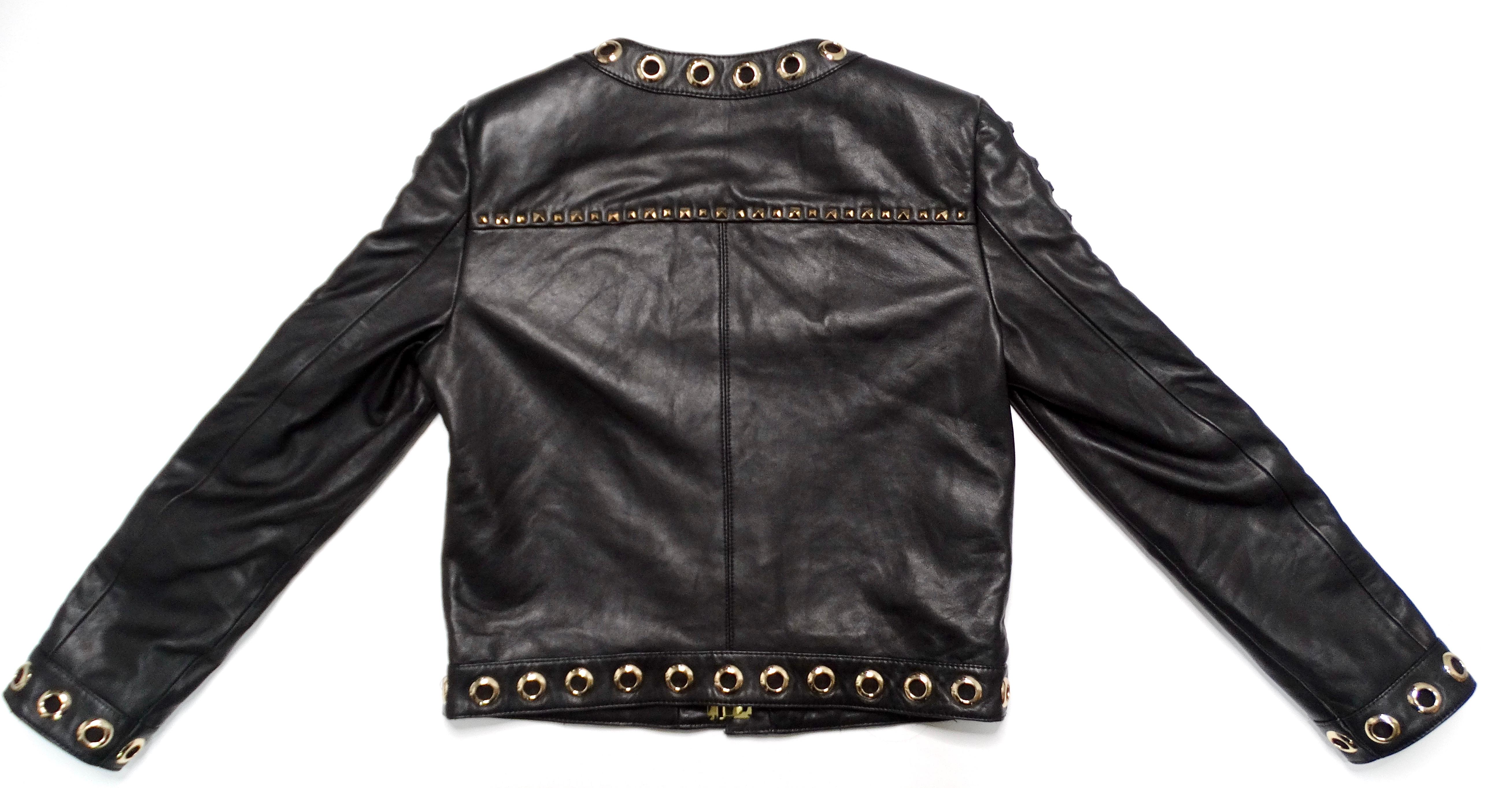 Alice + Olivia Black Lambskin Leather Rockstud & Grommet Embellished Jacket For Sale 1