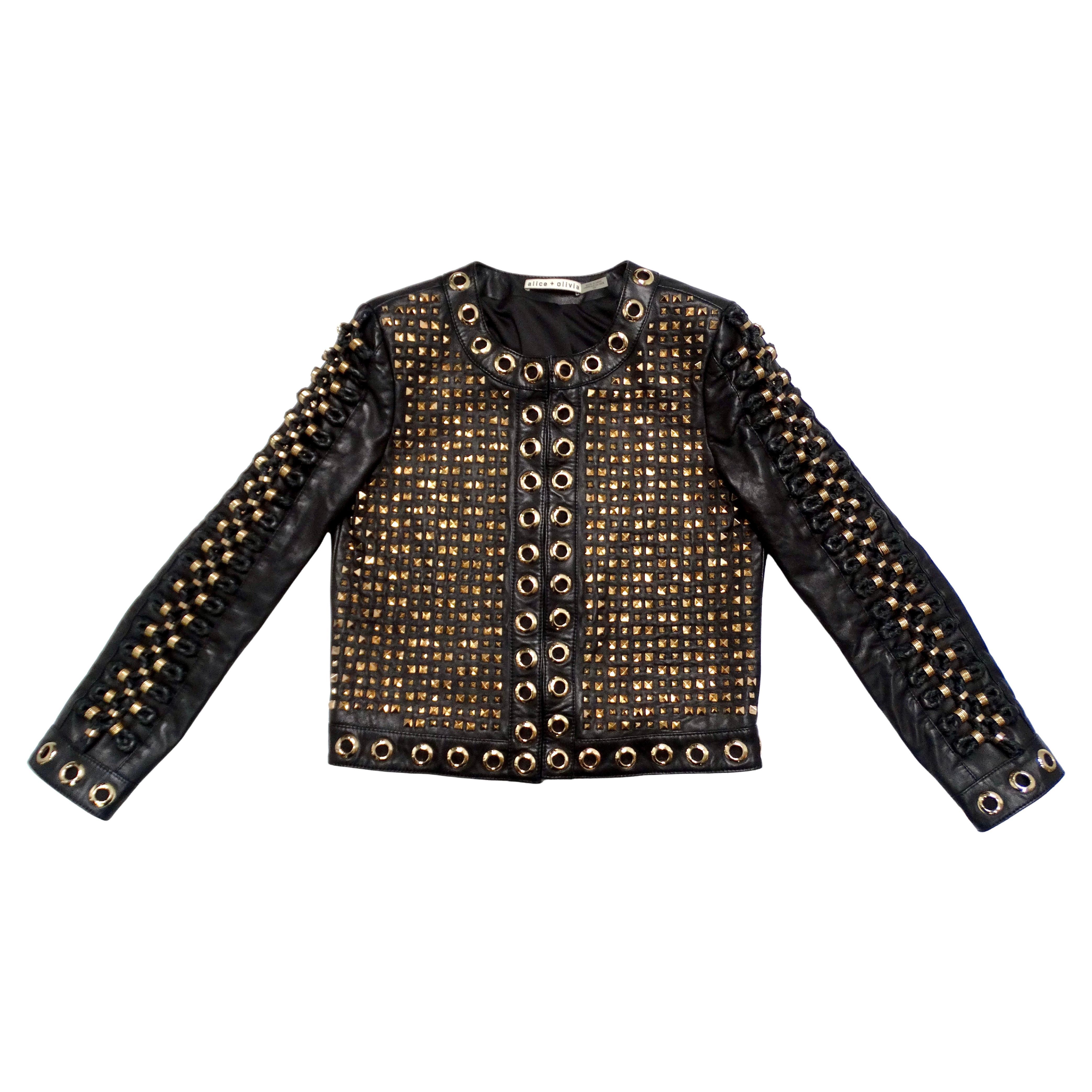 Alice + Olivia Black Lambskin Leather Rockstud & Grommet Embellished Jacket For Sale