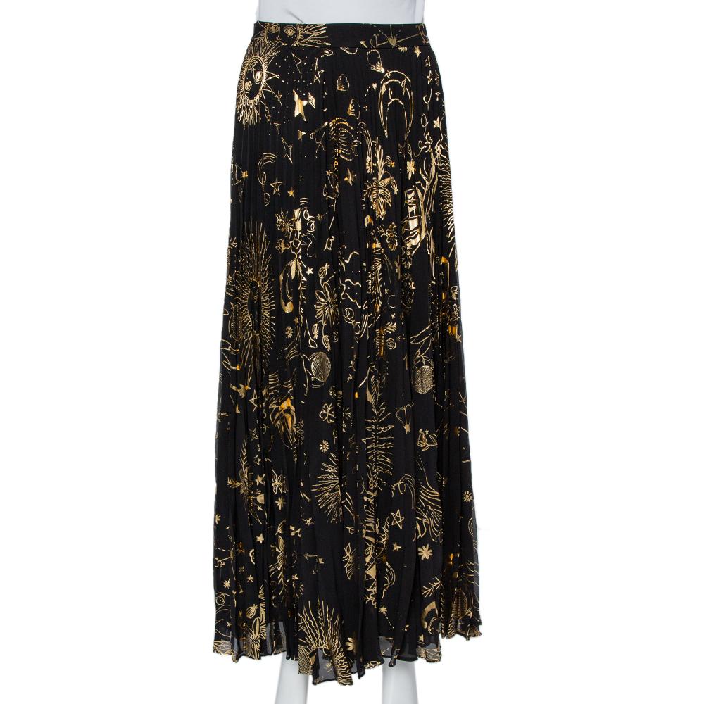 Alice + Olivia Schwarz Metallic Sonne gedruckt Plissee Maxirock S im Zustand „Gut“ in Dubai, Al Qouz 2