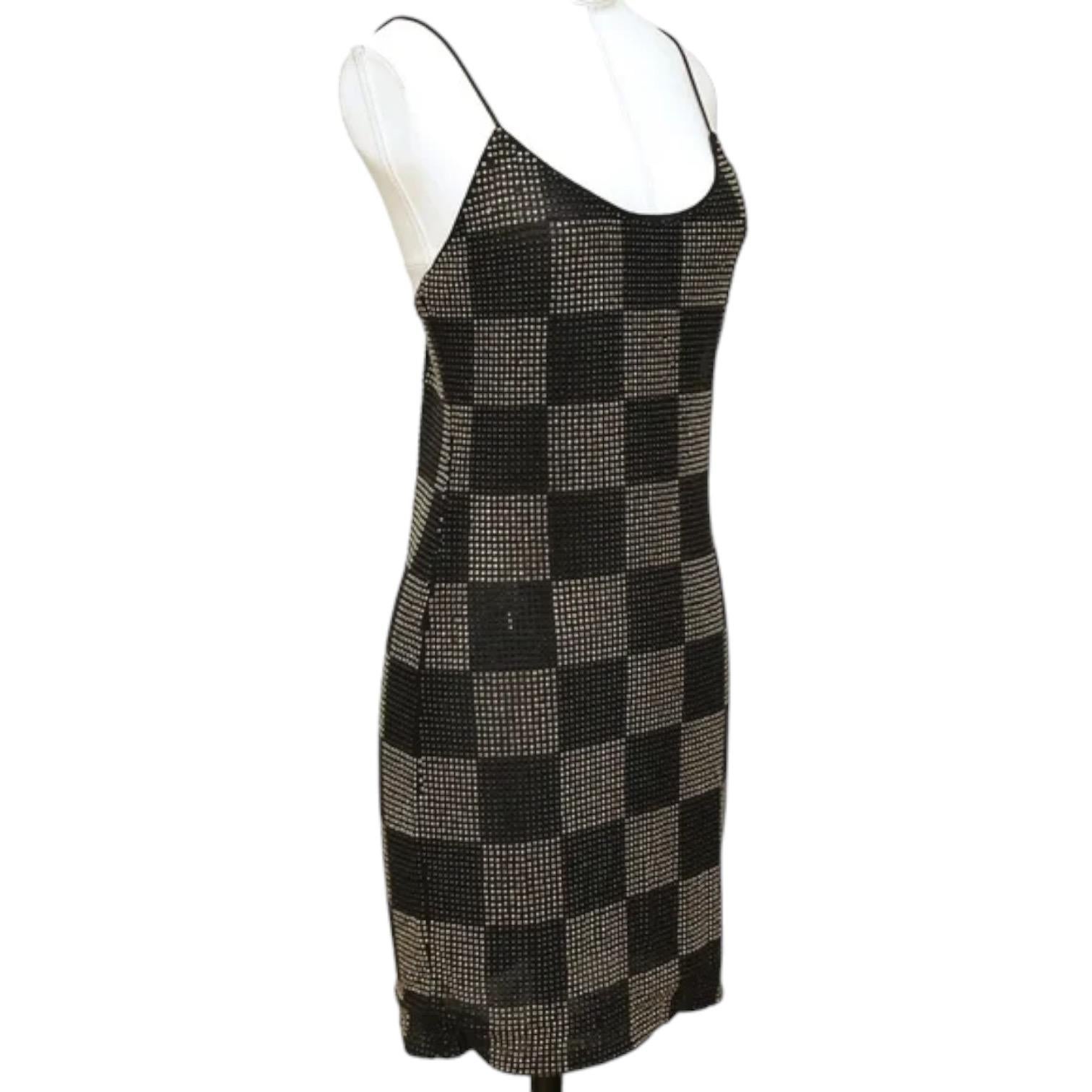 ALICE + OLIVIA Black Mini Dress NELLE Spaghetti Strap Checkerboard Sz 6 $595 For Sale 1