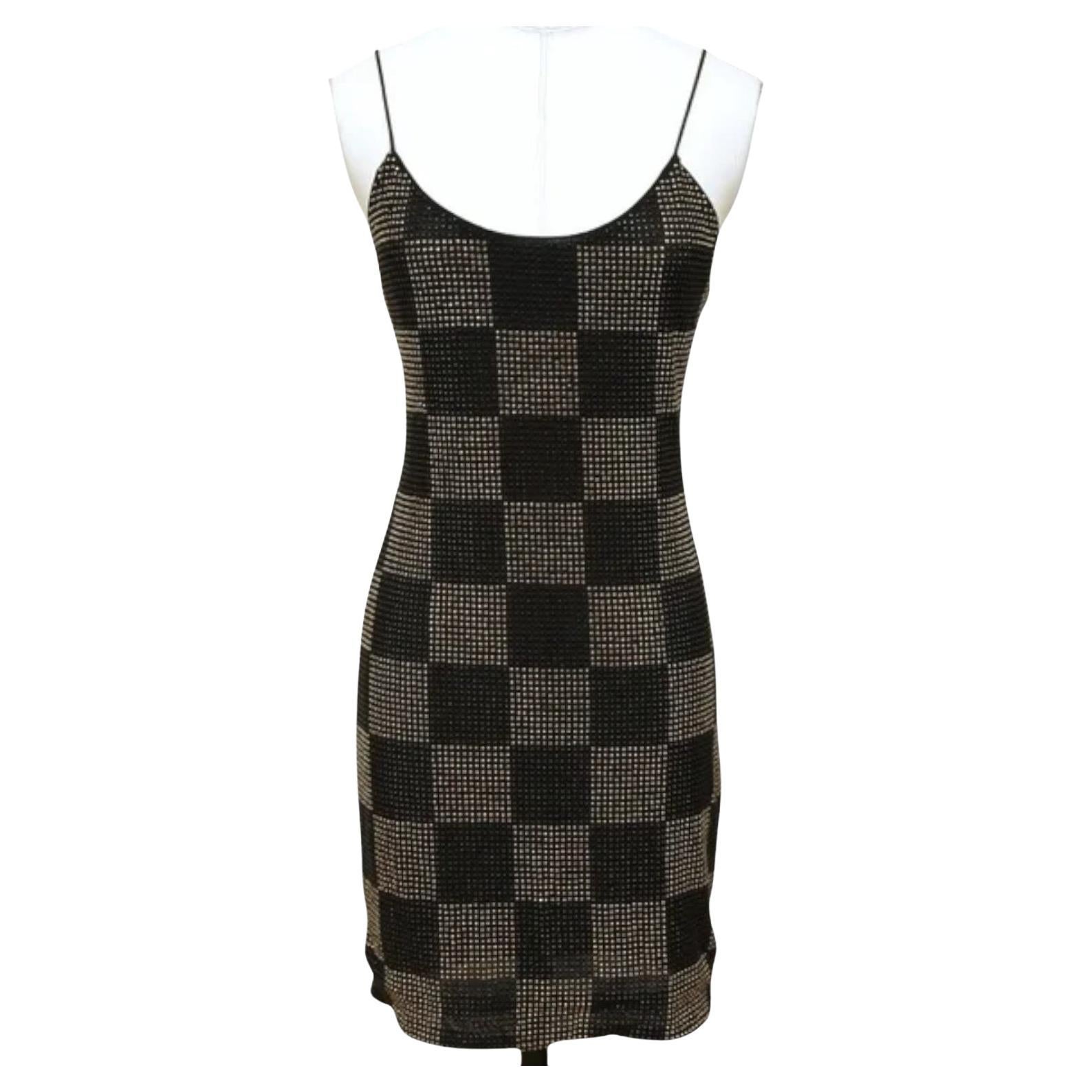 ALICE + OLIVIA Black Mini Dress NELLE Spaghetti Strap Checkerboard Sz 6 $595 For Sale