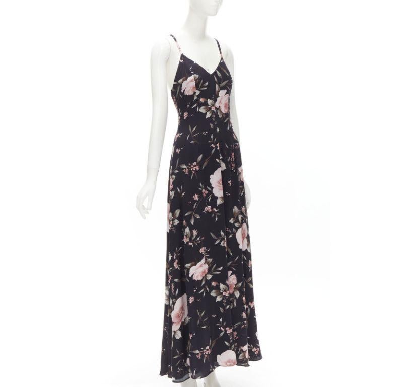 Black ALICE OLIVIA black pink rose floral print viscose midi slip dress US4 S For Sale