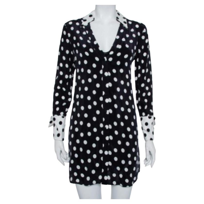 Alice + Olivia Black Polka Dot Crepe Shirt Dress S For Sale