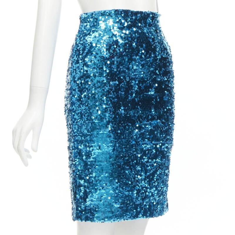 Blue ALICE OLIVIA blue bling sequins side zip disco party pencil skirt US0 XS For Sale