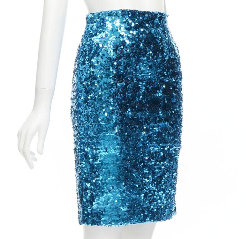 Blue ALICE OLIVIA blue bling sequins side zip disco party pencil skirt US0 XS For Sale