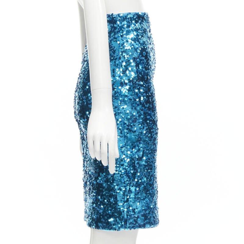 ALICE OLIVIA blue bling sequins side zip disco party pencil skirt US0 XS In Excellent Condition For Sale In Hong Kong, NT