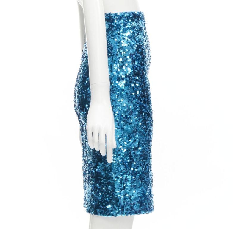ALICE OLIVIA blue bling sequins side zip disco party pencil skirt US0 XS In Excellent Condition For Sale In Hong Kong, NT