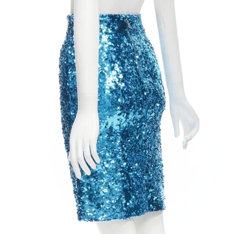ALICE OLIVIA blue bling sequins side zip disco party pencil skirt US0 XS For Sale 1