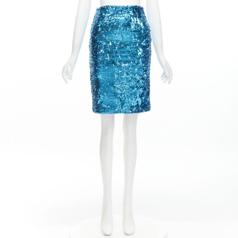 ALICE OLIVIA blue bling sequins side zip disco party pencil skirt US0 XS For Sale 4