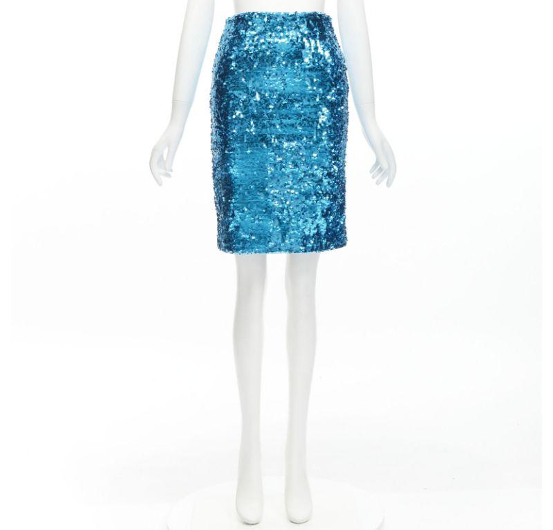 ALICE OLIVIA blue bling sequins side zip disco party pencil skirt US0 XS For Sale 4