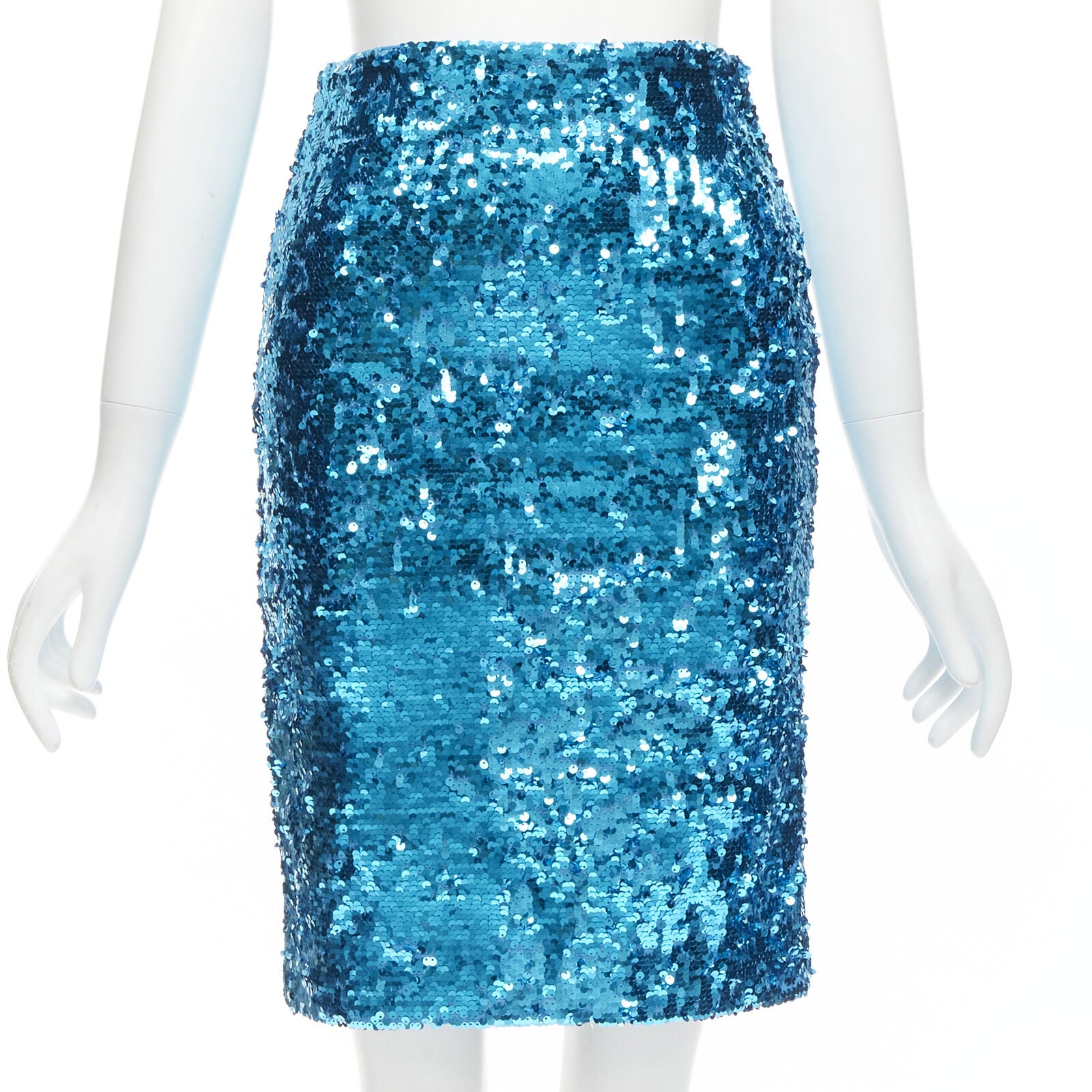 ALICE OLIVIA blue bling sequins side zip disco party pencil skirt US0 XS For Sale