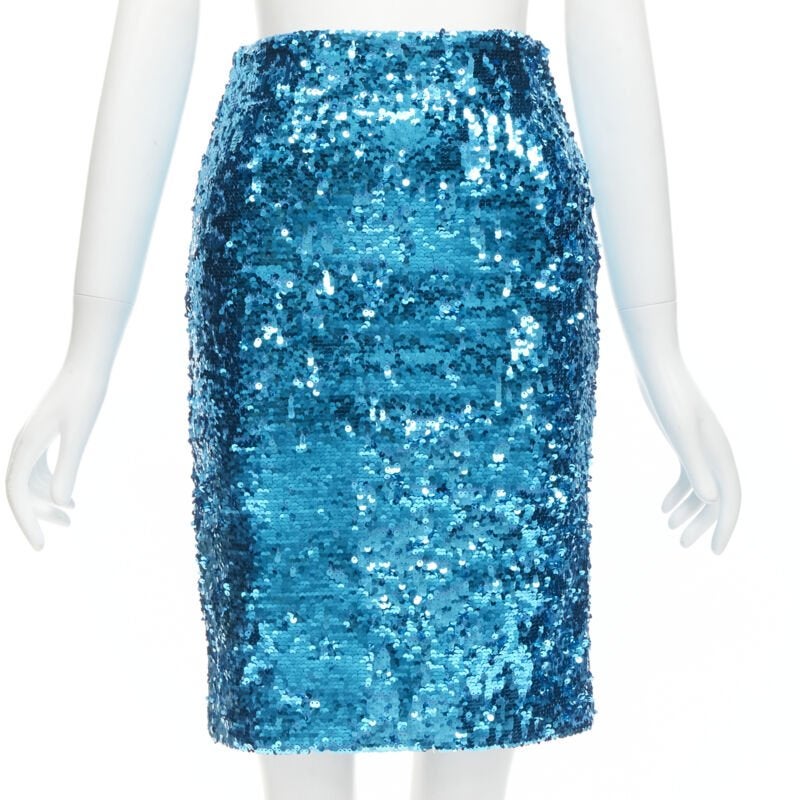 ALICE OLIVIA falda lápiz azul con lentejuelas y cremallera lateral para fiesta disco US0 XS