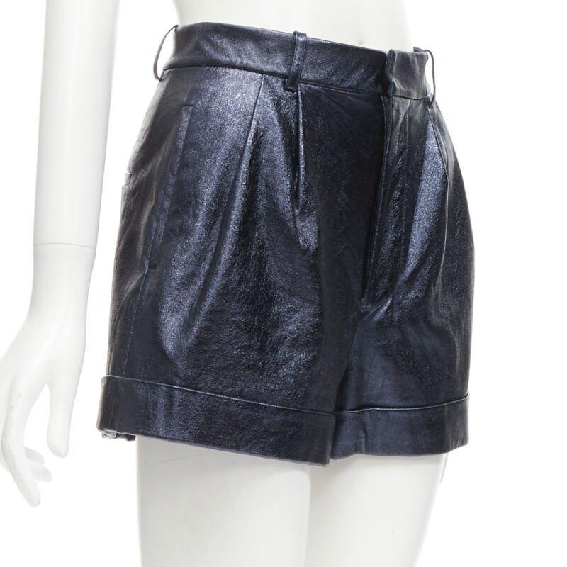 Black ALICE OLIVIA blue metallic faux leather cuffed high waisted shorts US0 XS For Sale