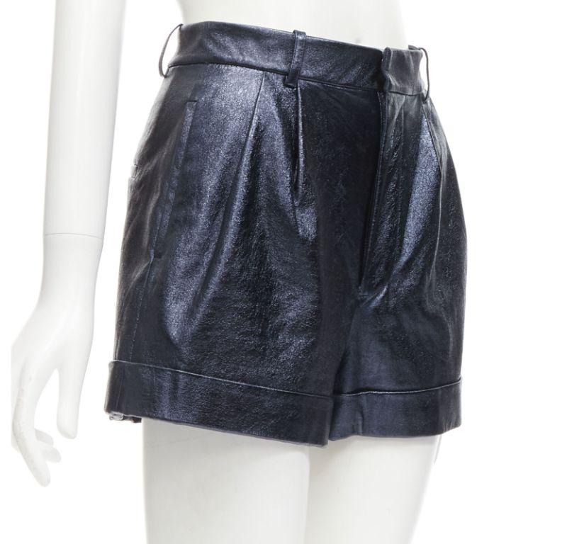 Black ALICE OLIVIA blue metallic faux leather cuffed high waisted shorts US0 XS For Sale