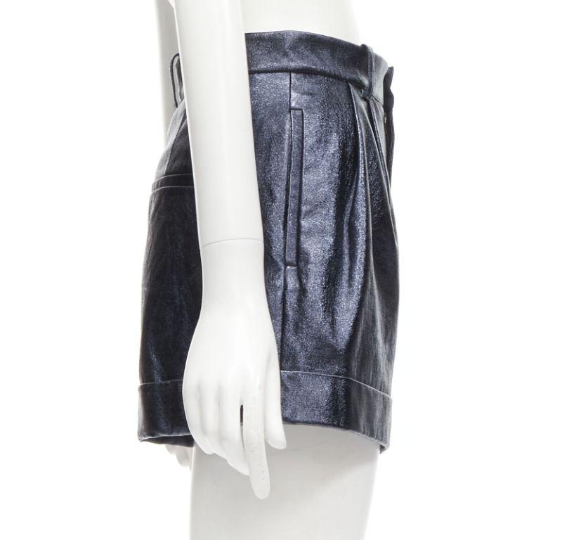 ALICE OLIVIA blue metallic faux leather cuffed high waisted shorts US0 XS In Excellent Condition For Sale In Hong Kong, NT