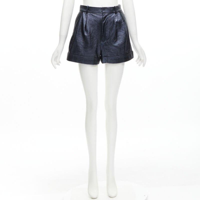ALICE OLIVIA blue metallic faux leather cuffed high waisted shorts US0 XS For Sale 4