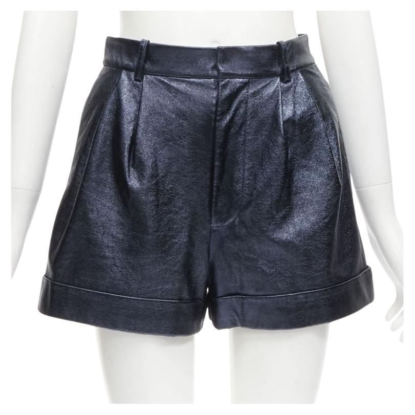 ALICE OLIVIA blue metallic faux leather cuffed high waisted shorts US0 XS For Sale