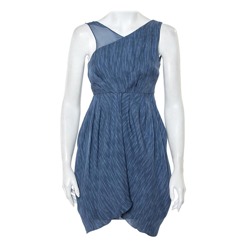 Alice + Olivia Blue Silk Asymmetric Draped Sleeveless Dress S For Sale
