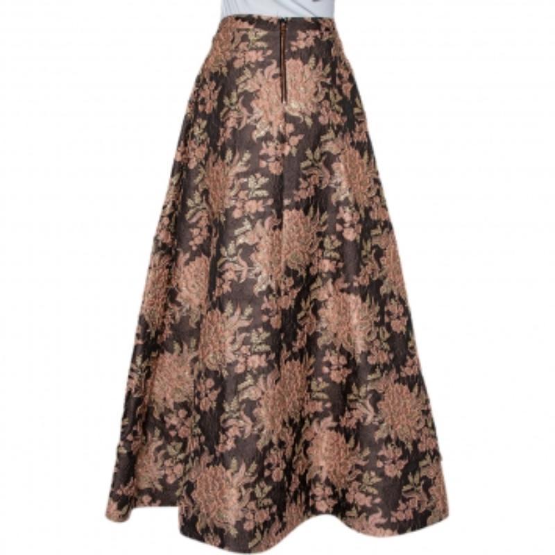 Women's Alice + Olivia  Brown Lurex Floral Jacquard Pleated Rachelle Maxi Skirt S For Sale