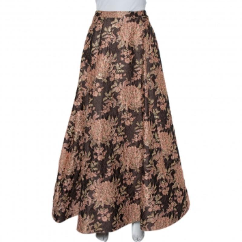 Alice + Olivia  Brown Lurex Floral Jacquard Pleated Rachelle Maxi Skirt S For Sale 1