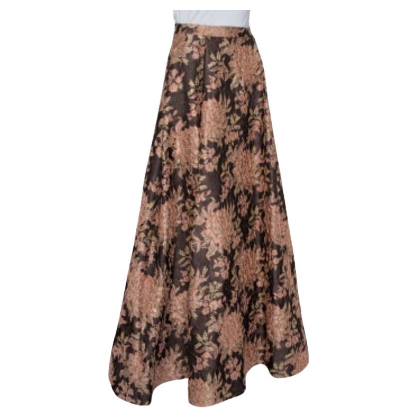 Alice + Olivia  Brown Lurex Floral Jacquard Pleated Rachelle Maxi Skirt S For Sale