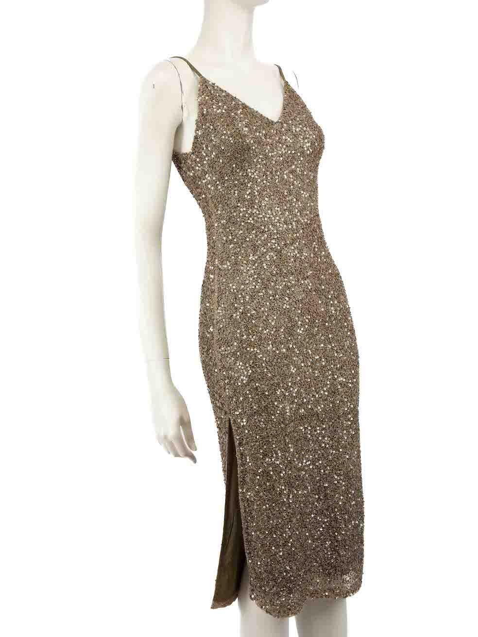 CONDITION is Very good. Hardly any visible wear to dress is evident on this used Alice + Olivia designer resale item.
 
 
 
 Details
 
 
 Brown
 
 Synthetic
 
 Dress
 
 V-neck
 
 Sequinned
 
 Sleeveless
 
 Midi
 
 Adjustable shoulder straps
 
 Side