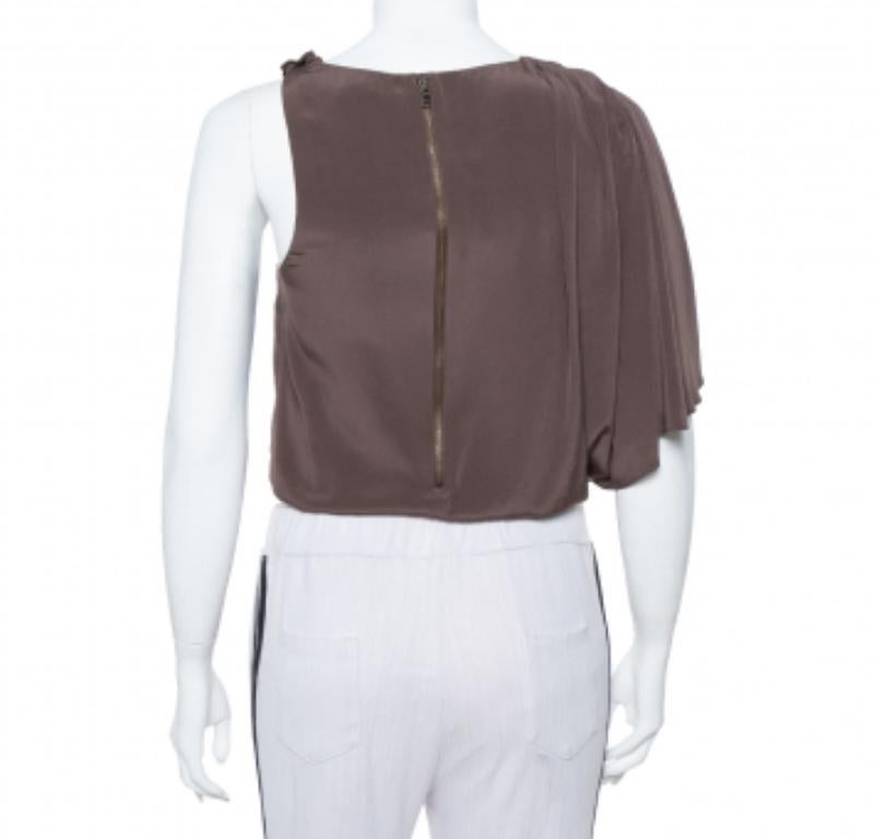 Gray Alice + Olivia Brown Silk Asymmetric Draped Top XS For Sale
