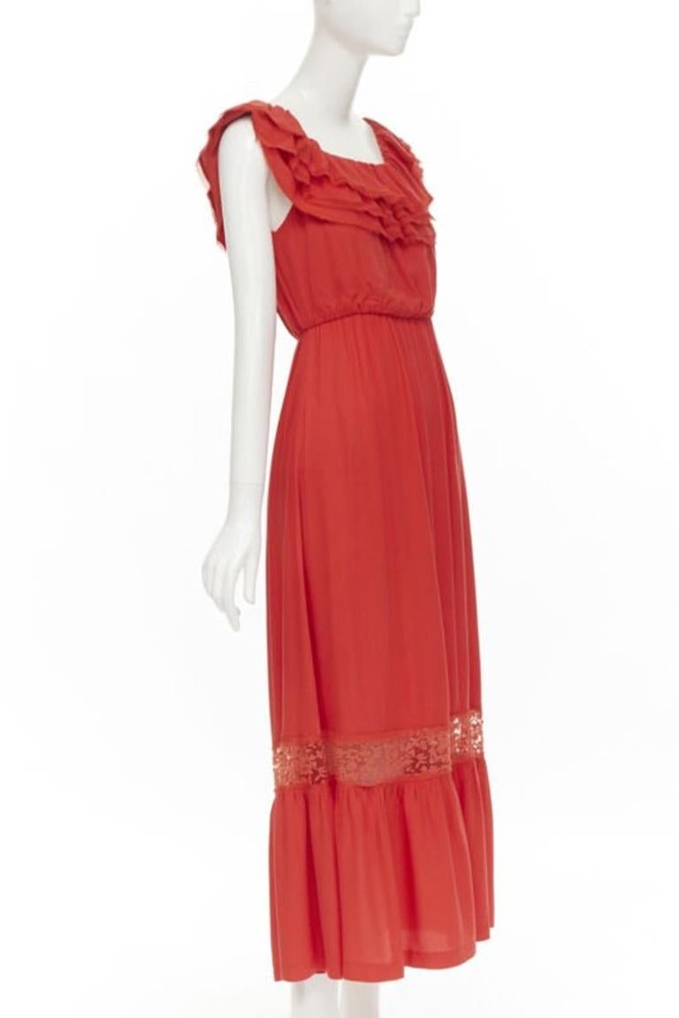 Red ALICE OLIVIA frayed edge ruffle collar lace trim maxi dress US2 S For Sale
