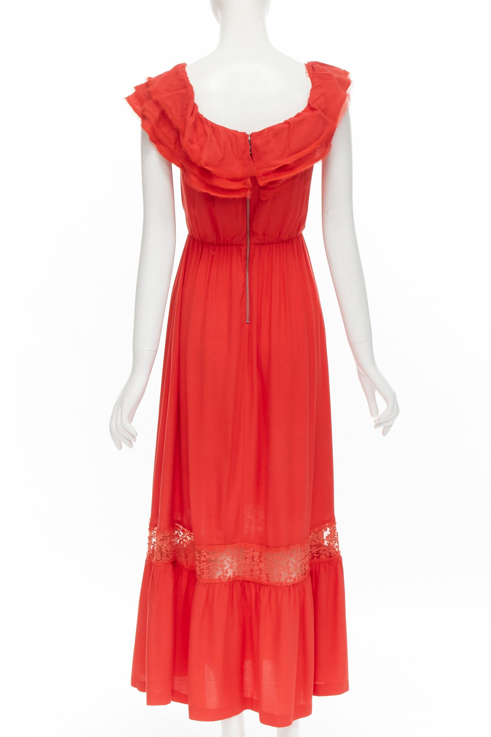 Red ALICE OLIVIA frayed edge ruffle collar lace trim maxi dress US2 S For Sale