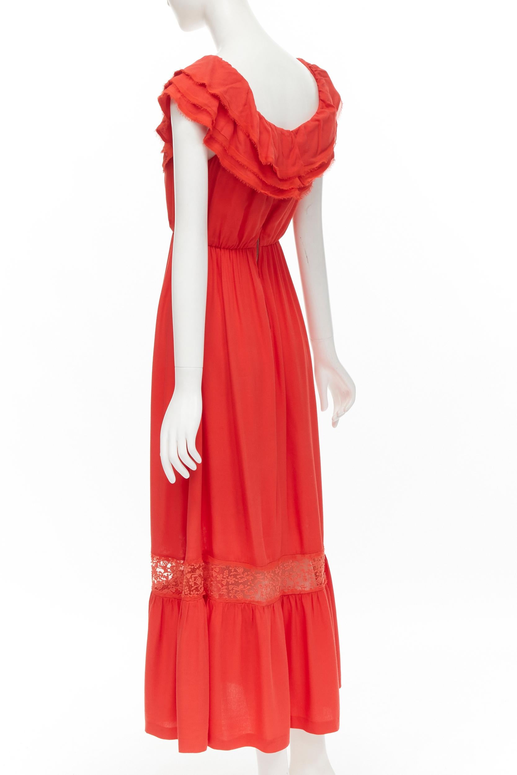 ALICE OLIVIA frayed edge ruffle collar lace trim maxi dress US2 S In Excellent Condition For Sale In Hong Kong, NT