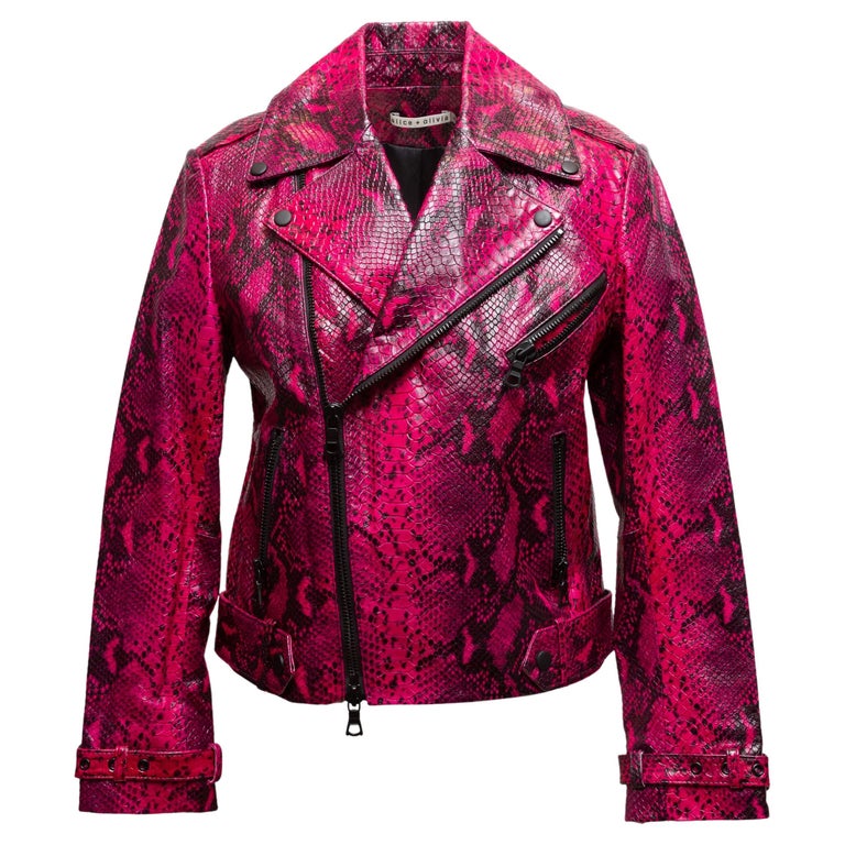 Alice + Olivia Fuchsia and Black Embossed Leather Moto Jacket For Sale at 1stDibs