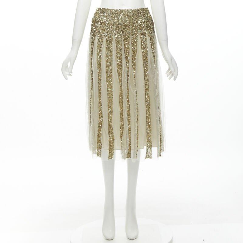 ALICE OLIVIA gold bling sequins sheer nude panel midi skirt US0 XS For Sale 5