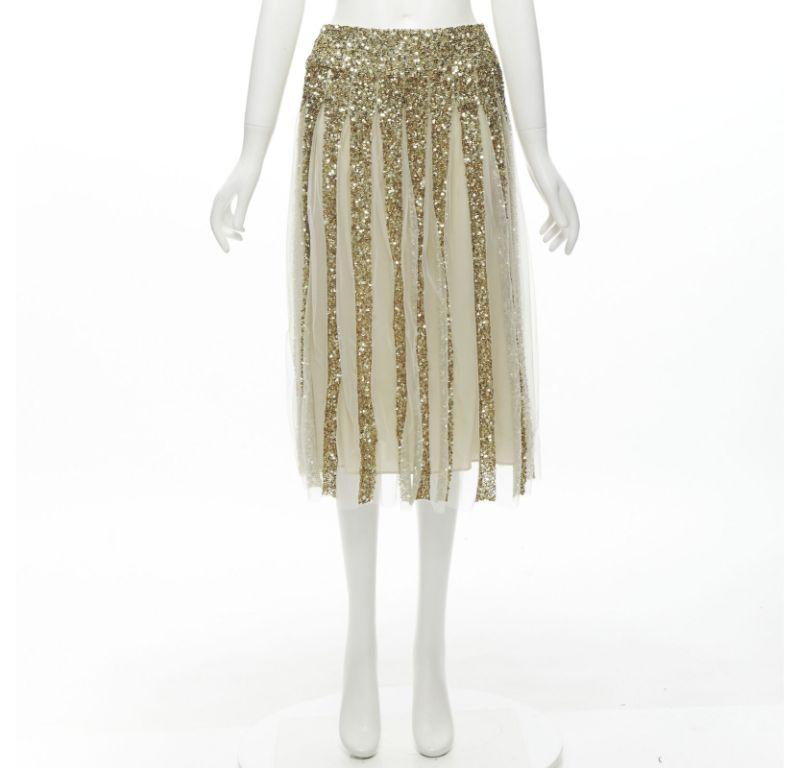 ALICE OLIVIA gold bling sequins sheer nude panel midi skirt US0 XS For Sale 6