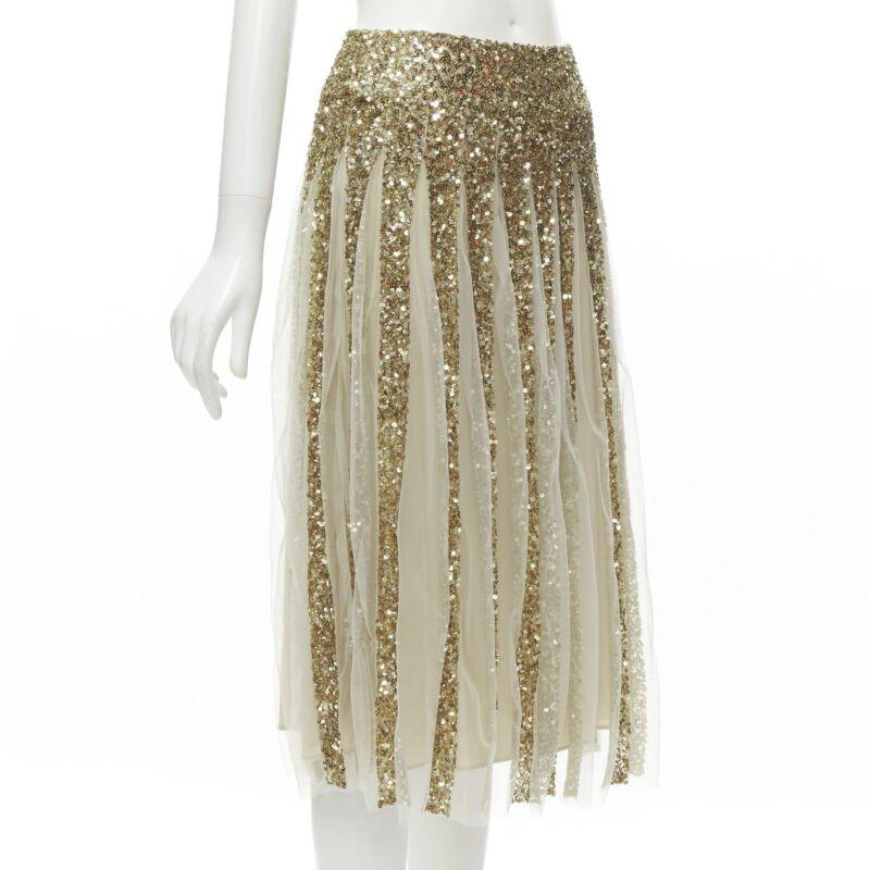 Gold ALICE OLIVIA gold bling sequins sheer nude panel midi skirt US0 XS For Sale