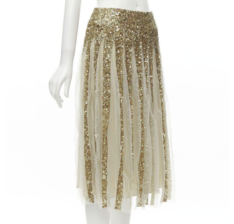 ALICE OLIVIA gold bling sequins sheer nude panel midi skirt US0 XS In Excellent Condition For Sale In Hong Kong, NT