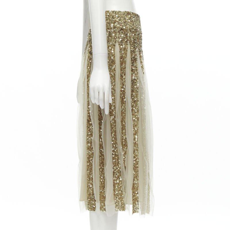 ALICE OLIVIA gold bling sequins sheer nude panel midi skirt US0 XS In Excellent Condition For Sale In Hong Kong, NT