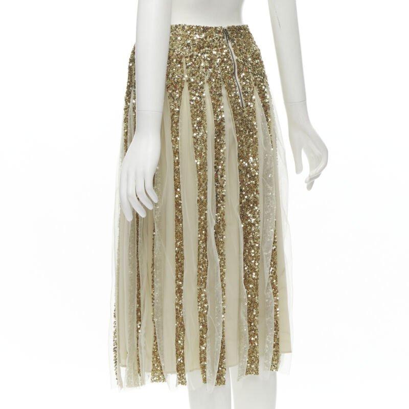 Women's ALICE OLIVIA gold bling sequins sheer nude panel midi skirt US0 XS For Sale