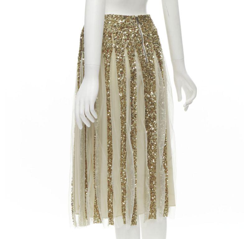 ALICE OLIVIA gold bling sequins sheer nude panel midi skirt US0 XS For Sale 1