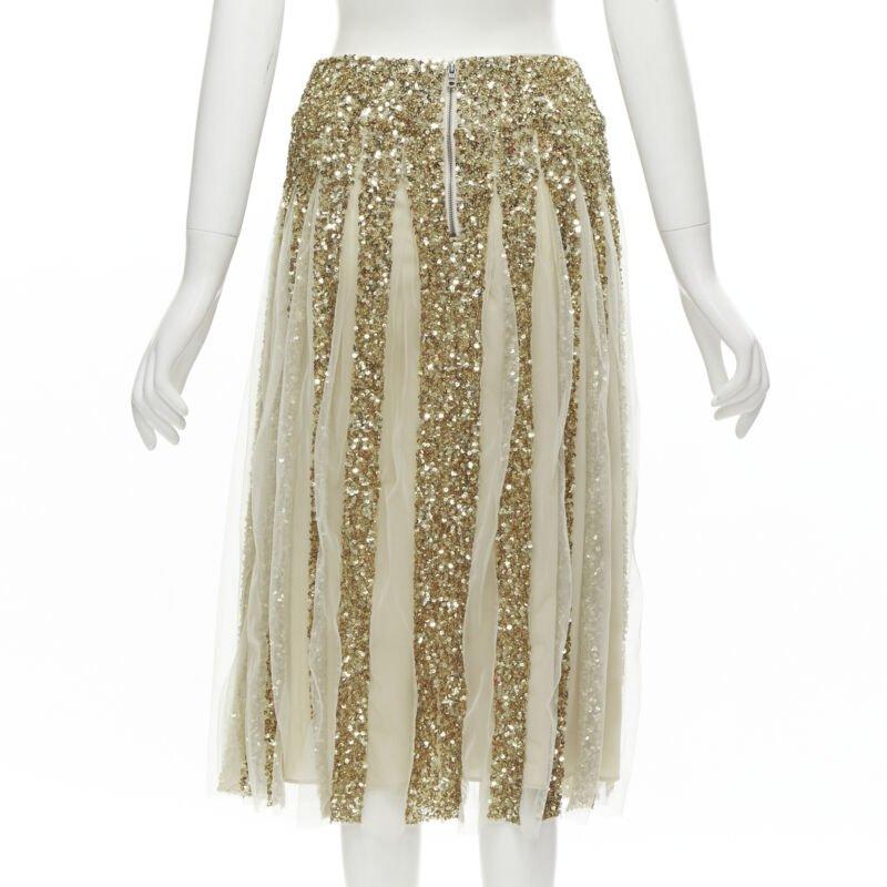 ALICE OLIVIA gold bling sequins sheer nude panel midi skirt US0 XS For Sale 1