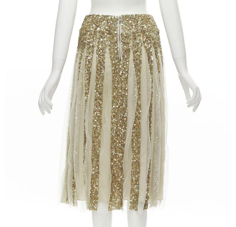 ALICE OLIVIA gold bling sequins sheer nude panel midi skirt US0 XS For Sale 2