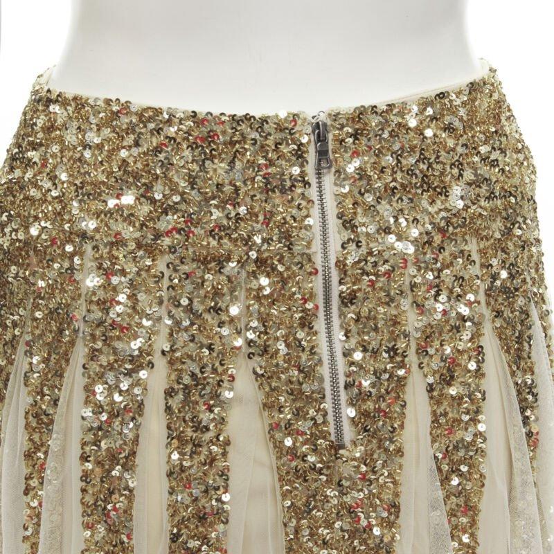 ALICE OLIVIA gold bling sequins sheer nude panel midi skirt US0 XS For Sale 2