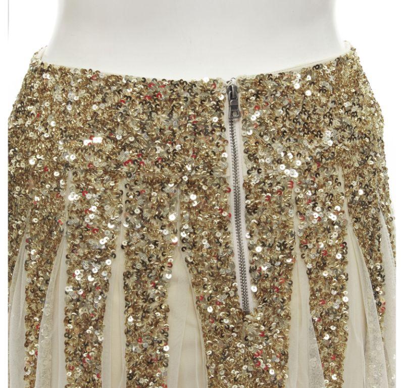 ALICE OLIVIA gold bling sequins sheer nude panel midi skirt US0 XS For Sale 3
