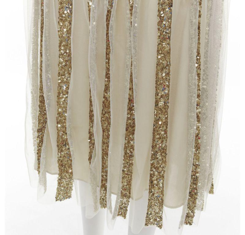 ALICE OLIVIA gold bling sequins sheer nude panel midi skirt US0 XS For Sale 4