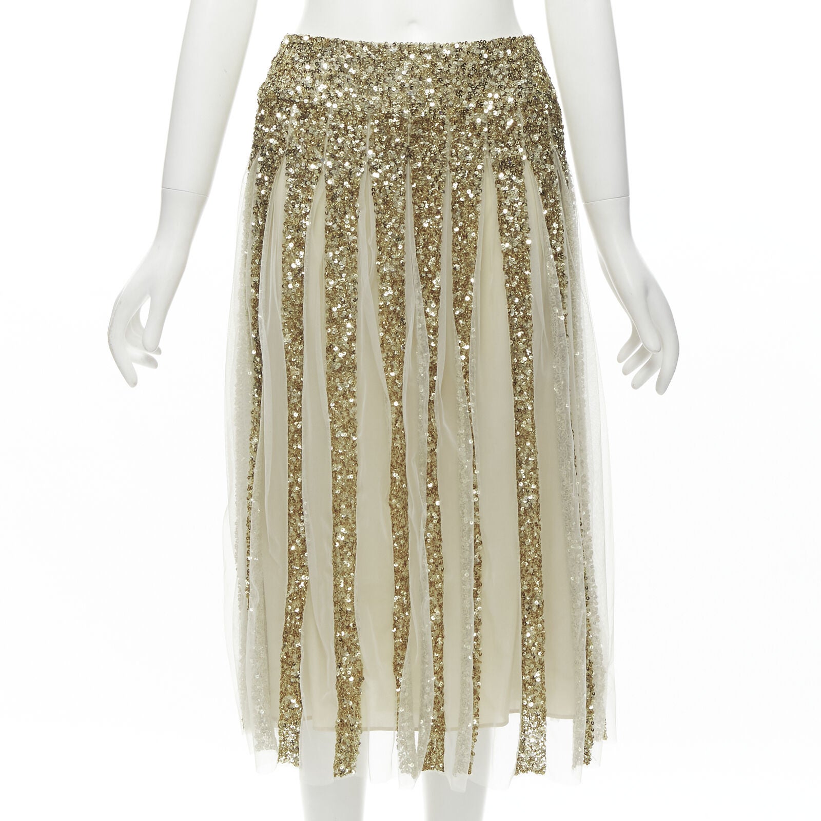 ALICE OLIVIA gold bling sequins sheer nude panel midi skirt US0 XS For Sale