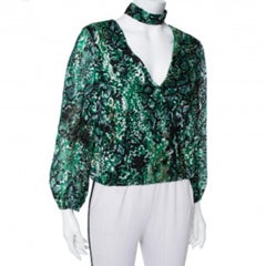 Alice + Olivia Green Animal Printed Devore Faux Wrap Choker Detail Top L