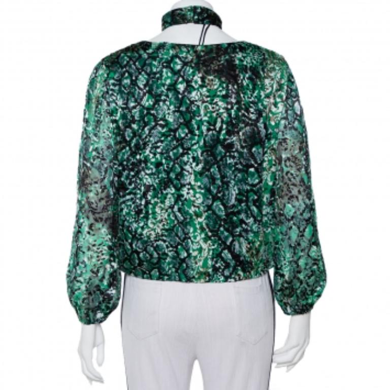 Alice + Olivia Green Animal Printed Devore Faux Wrap Choker Detail Top L In Good Condition For Sale In Dubai, Al Qouz 2