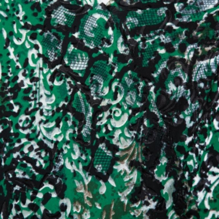 Women's Alice + Olivia Green Animal Printed Devore Faux Wrap Choker Detail Top L For Sale
