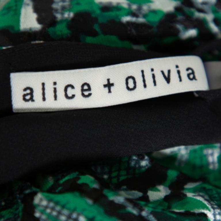 Alice + Olivia Green Animal Printed Devore Faux Wrap Choker Detail Top L For Sale 1